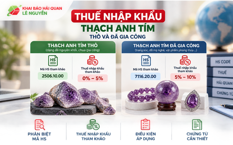 Thuế nhập khẩu thạch anh tím thô và đã gia công – Khai báo hải quan Lê Nguyễn